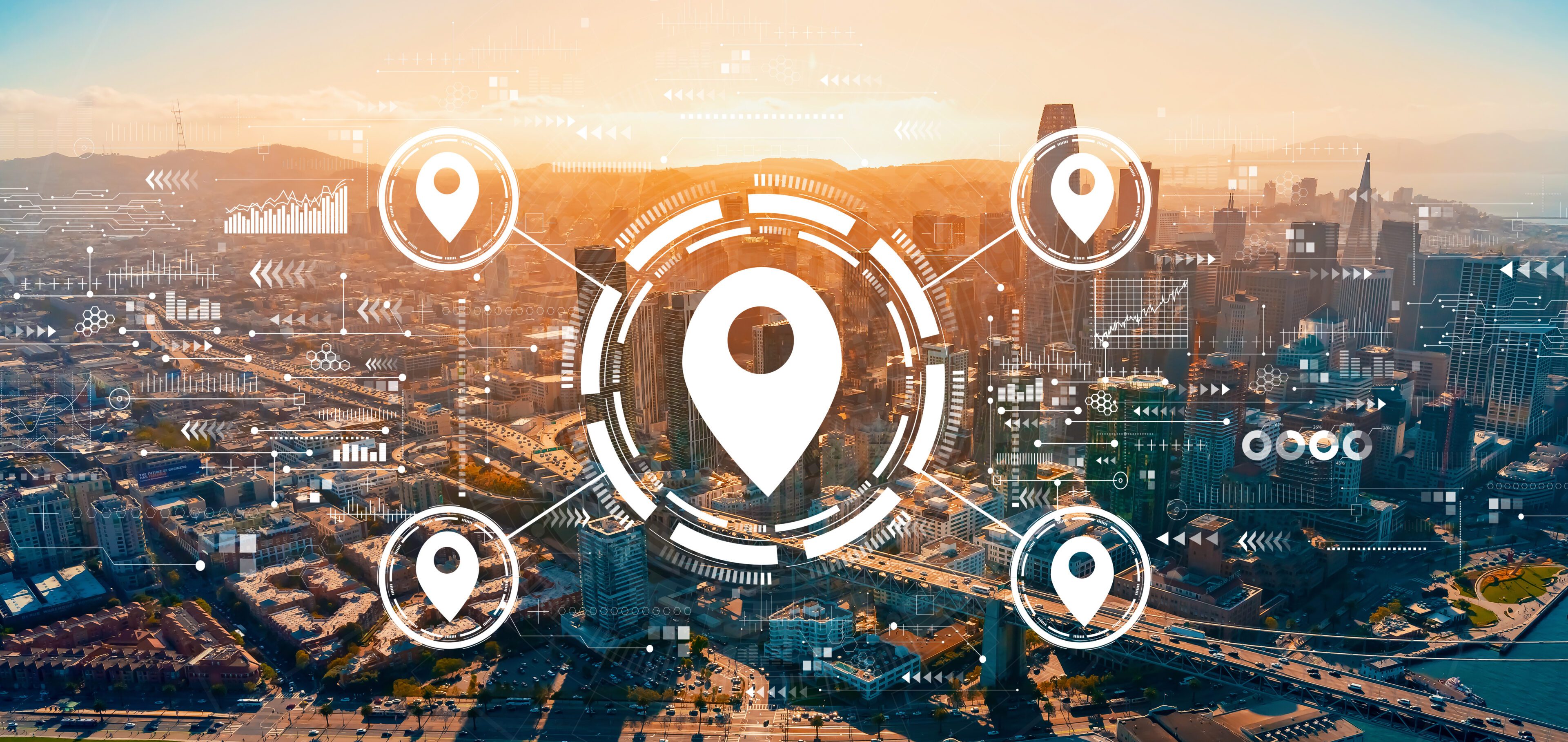 Map pin concept with downtown San Francisco skyline buildings